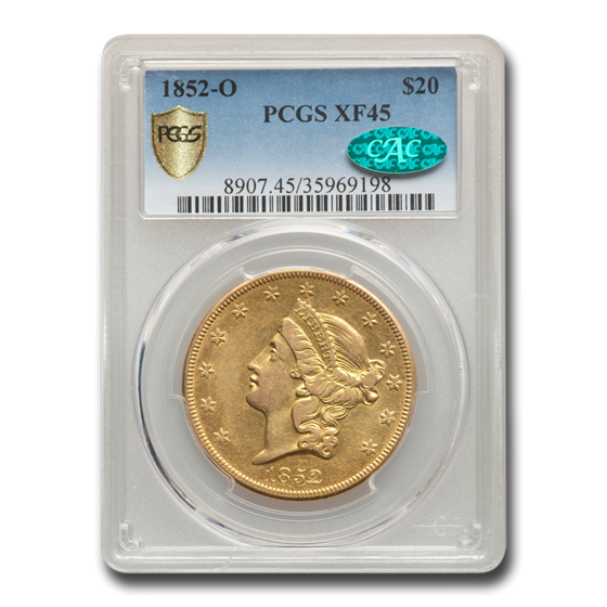1852-O $20 Liberty Gold Double Eagle XF-45 PCGS CAC 1852-O $20 Liberty Gold Double Eagle XF-45 PCGS CAC